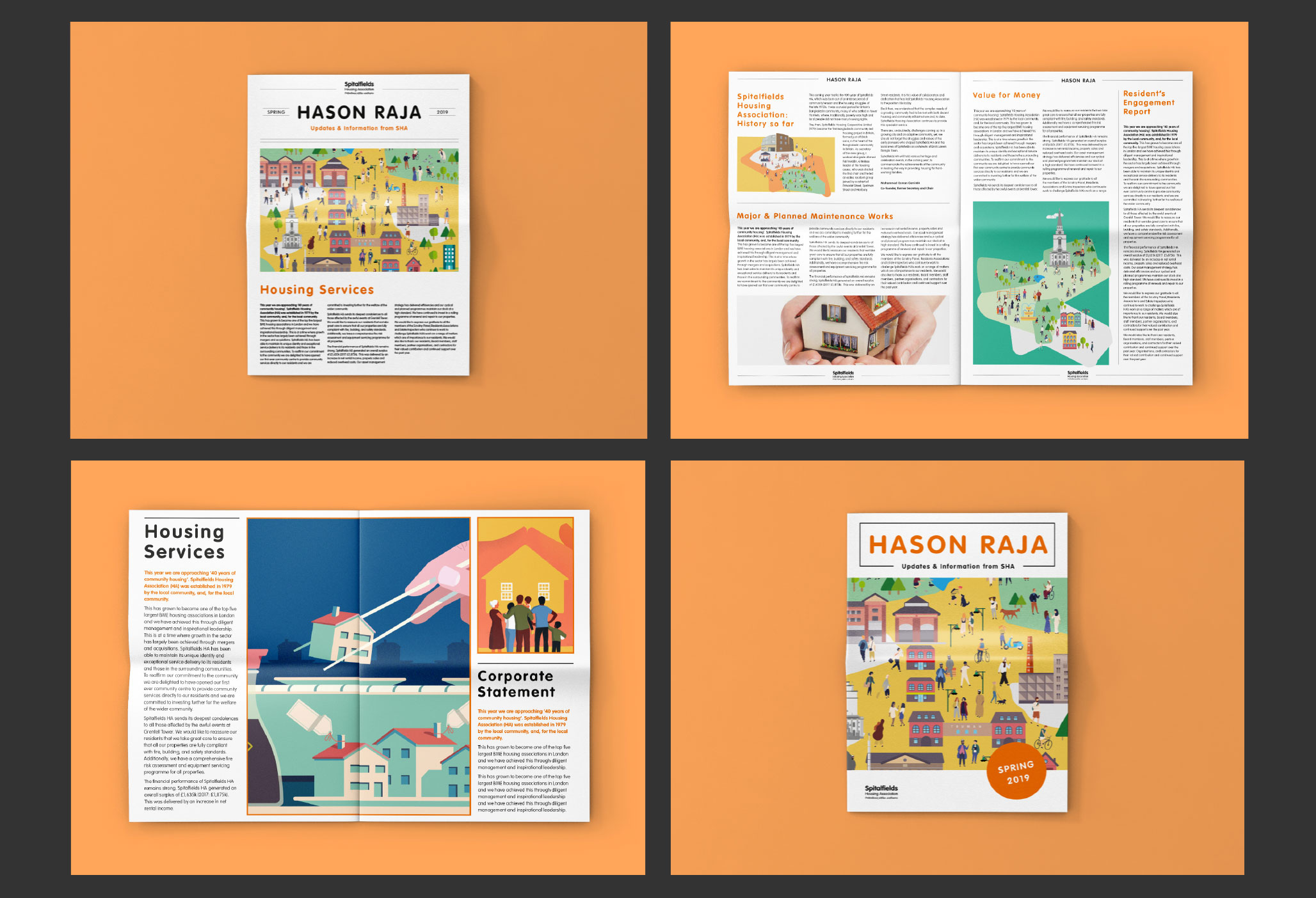 Four pages of the SHA magazine. Two of the pages. showcase the covers and the other two showcase spreads. with imagery and text