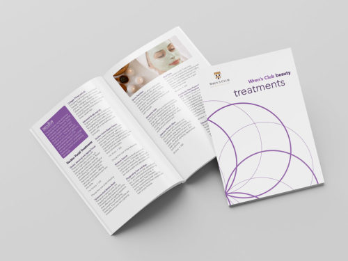 A double page spread and front cover of the 'Wren's Club beauty treatments' booklet